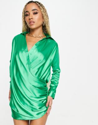 John Zack Summer Bright Drape Shirt Mini Dress In Green