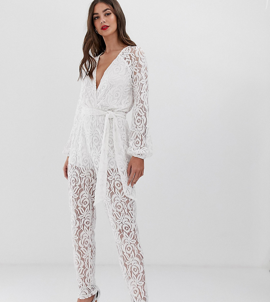 John Zack Tall all over lace jumpsuit in white