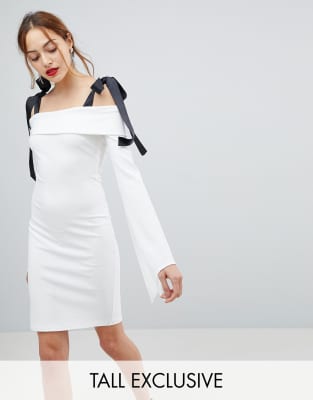 John Zack Tall Bardot Mini Dress With Tie Shoulder Detail-White