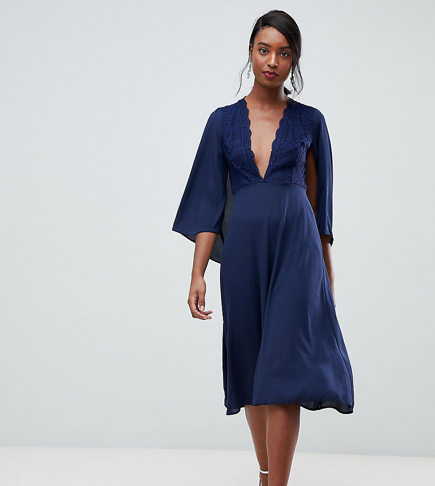 John Zack Tall lace top midi skater dress with cape detail in navy