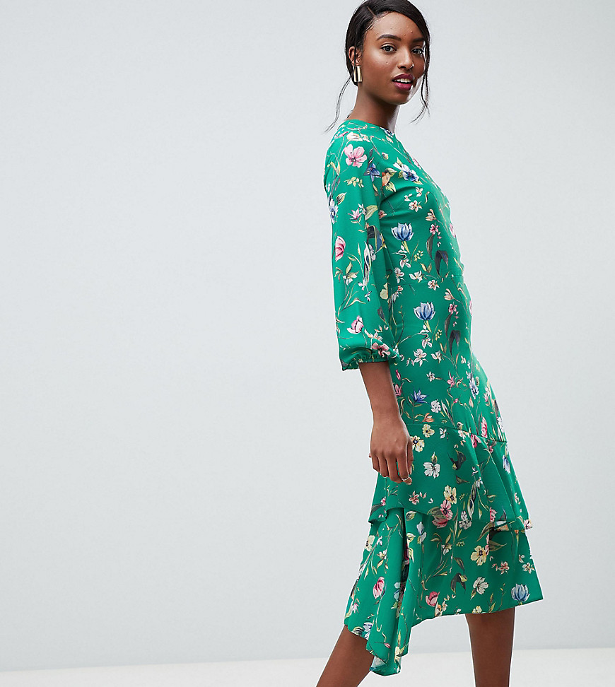 John Zack Tall - Midi-jurk met bloemenprint in groen-Multi