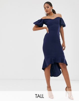 navy off the shoulder midi dress