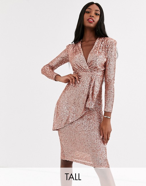 John Zack Tall plunge front sequin wrap midi dress in rose gold