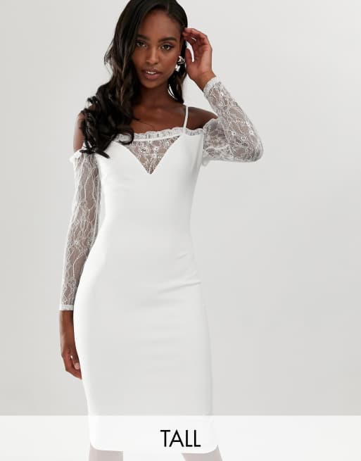 John Zack Tall square neck bodycon dress with lace sleeve in white