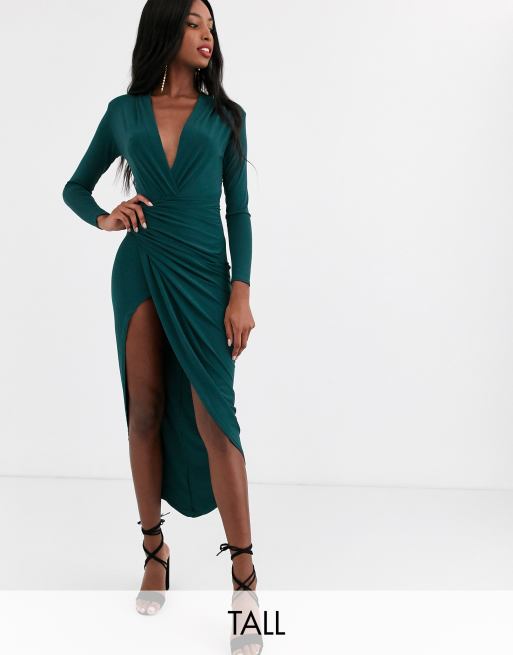 John Zack Tall wrap front maxi dress in emerald green | ASOS