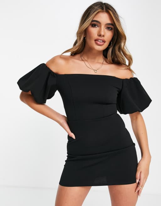 John Zack - Vestito corto con scollo Bardot e maniche a sbuffo in nero 