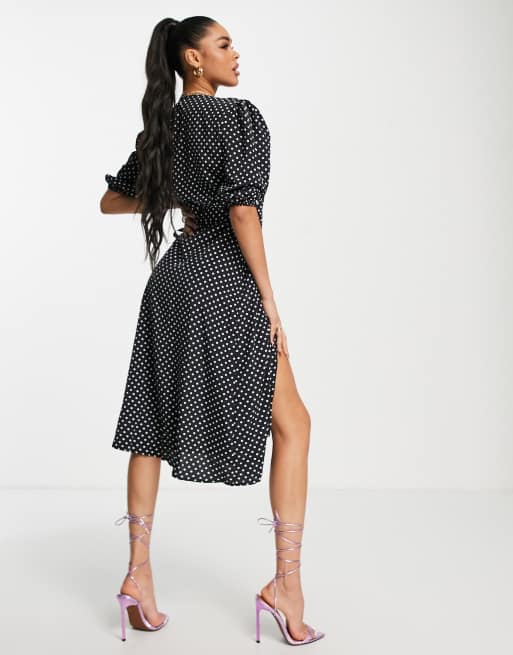 John Zack wrap midi dress in black polkadot , 3 of 4