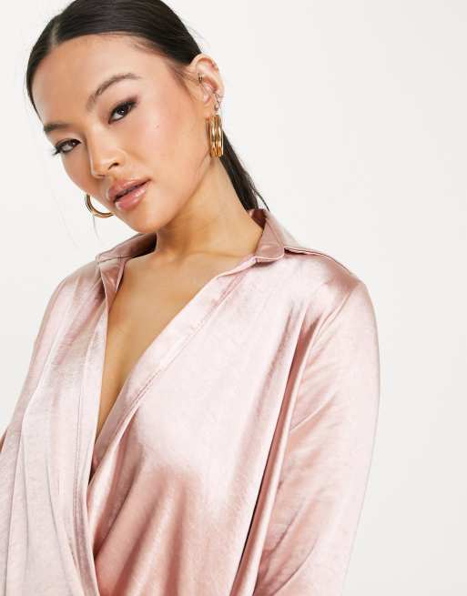John Zack wrap shirt mini dress in blush, 3 of 4