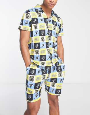 Johnny Bravo pajama shorts set in blue and yellow print | ASOS