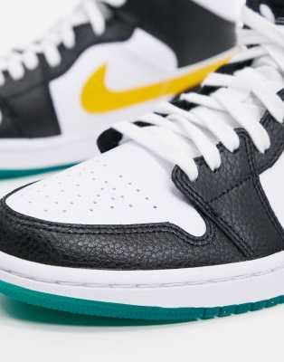nike air jordan 1 mid trainers in black and white with multicolor swoosh