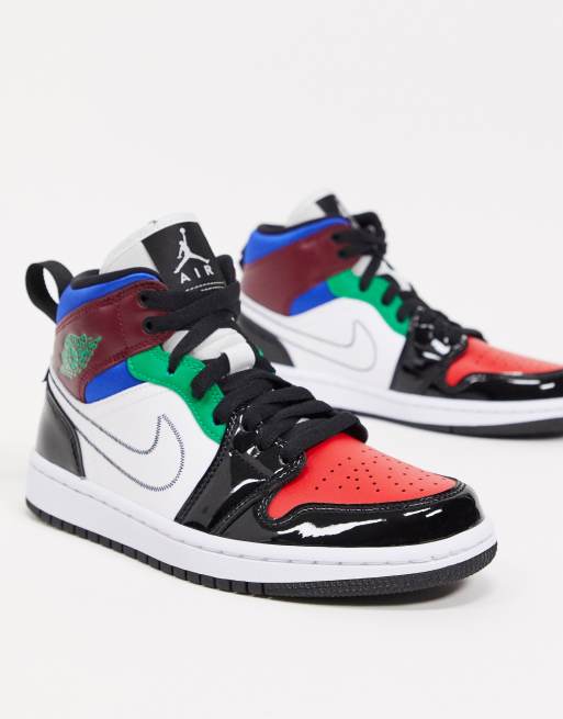 Nike air jordan 1 mid trainers in black outlet and white with multicolor swoosh