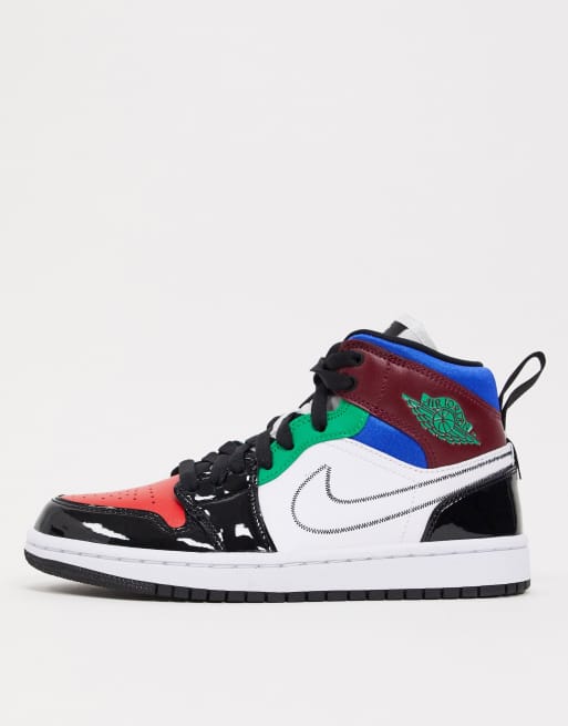 Nike air jordan 1 mid trainers in black and white 2025 with multicolor swoosh