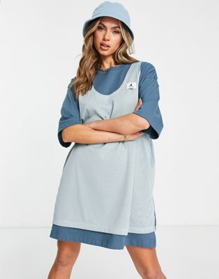 Jordan Essential layered oversized t-shirt dress in ash green and blue