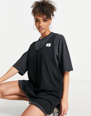 Jordan Essential layered oversized t-shirt dress in black and grey