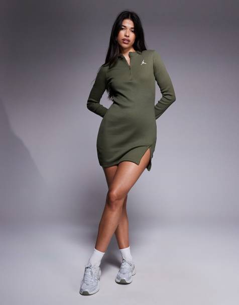 Jordan Flight knitted long sleeve mini dress in khaki - view 1