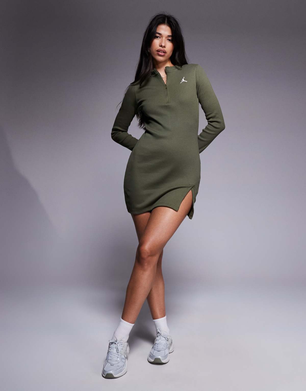 Jordan Flight knitted long sleeve mini dress in khaki