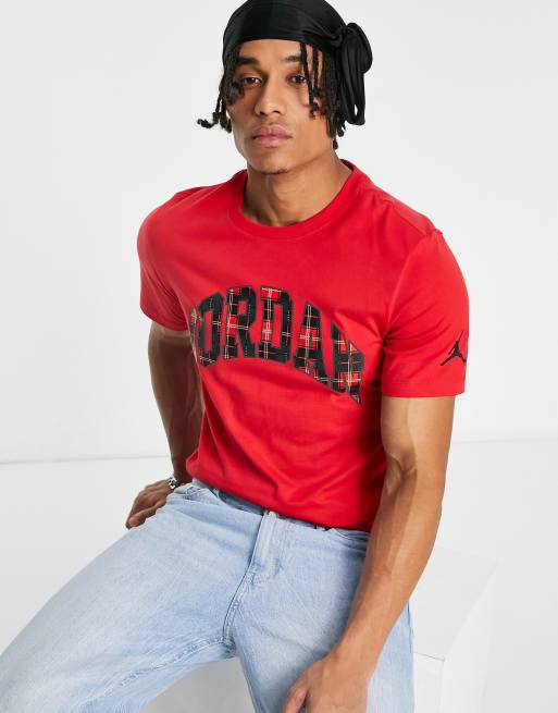 Jordan unisex check logo t-shirt in fire red | ASOS