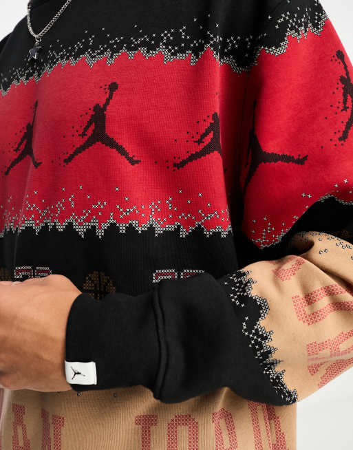 Jordan Unisex – Czerwono-brązowo-czarny sweter z okrągłym dekoltem w świąteczny wzór , 4 z 4
