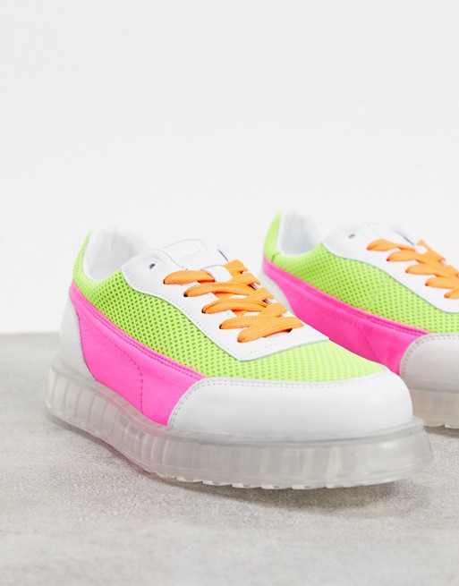 Joshua Sanders low top trainer with transparent sole in neon pink and yellow