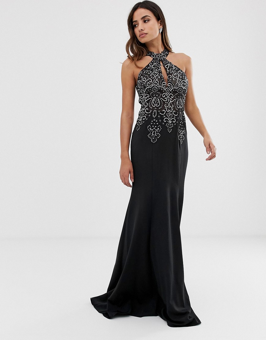 Jovani - Aansluitend lange jurk met halternek en versiering-Zwart
