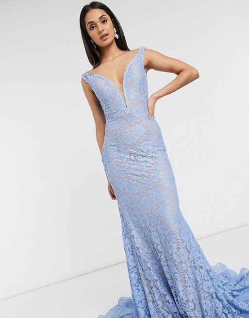Jovani bardot lace maxi dress in light blue