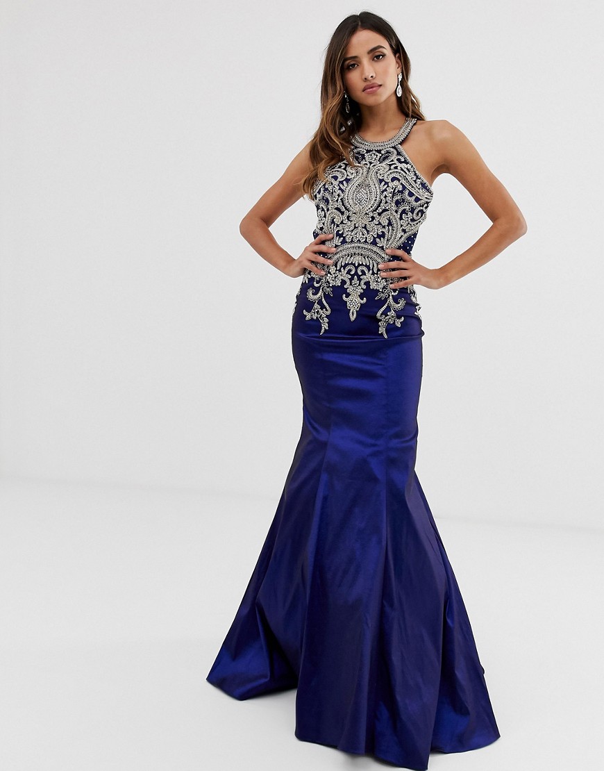 Jovani fishtail maxi dress with embellished detail-Navy