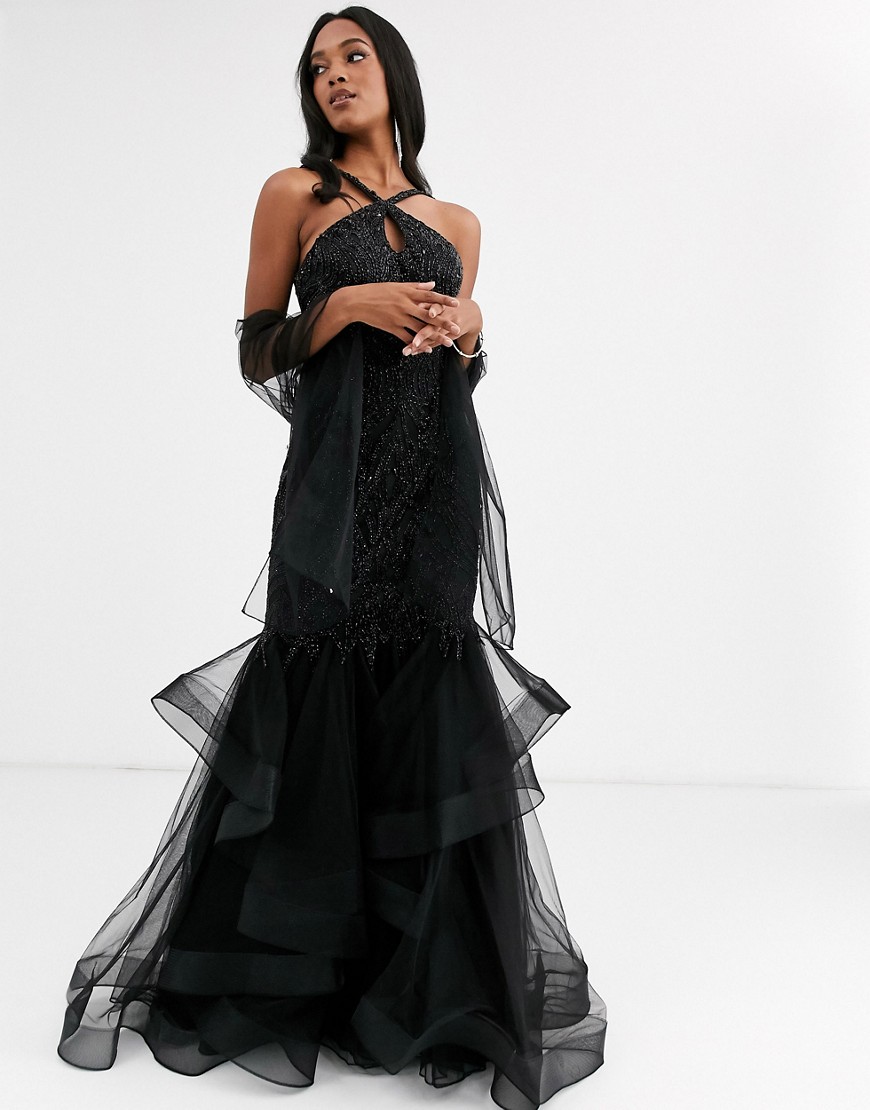 Jovani halterneck dress with ruffle skirt-Black