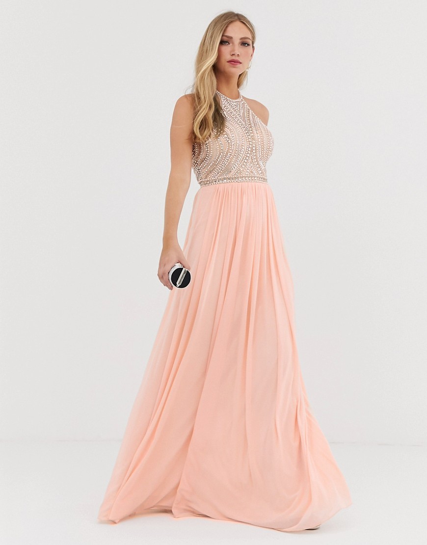 Jovani high neck embellished detail maxi dress with a line skirt-Pink