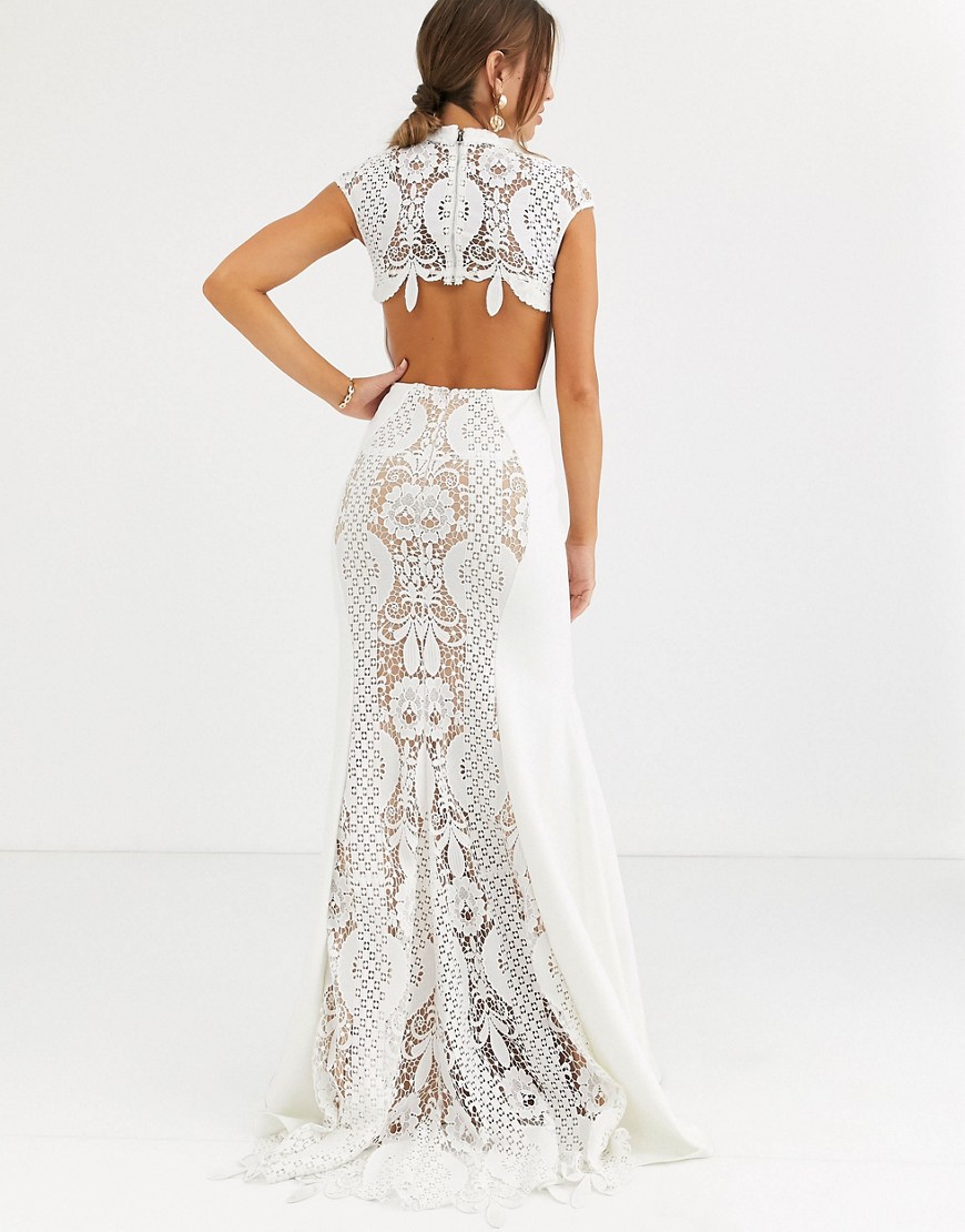 Jovani high neck lace fishtail dress-White