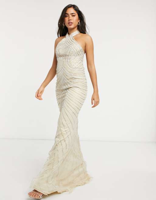 Jovani high neck maxi dress in gold glitter