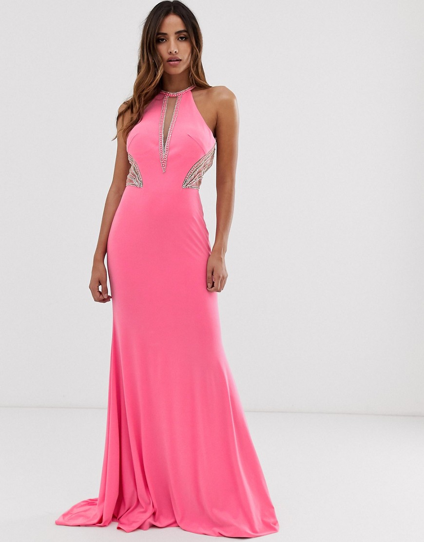 Jovani high neck maxi dress with side embellishment-Pink