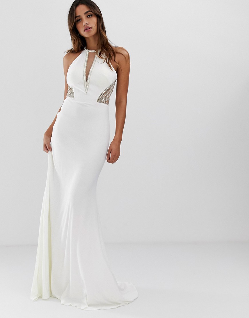 Jovani - Hoogsluitende lange jurk met versieringen aan de zijkanten-Wit