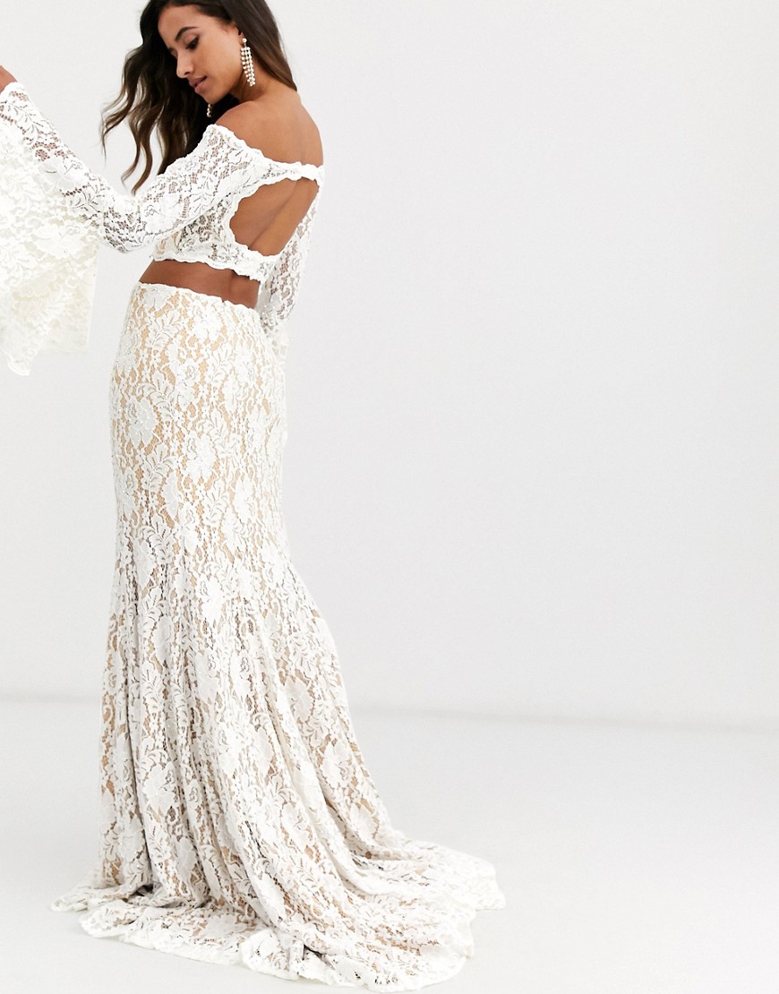 Jovani lace two pieces with bell sleeves-White