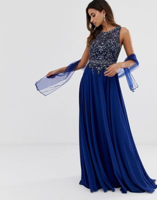 Jovani - Lange jurk met lijfje met kraaltjes-Marineblauw
