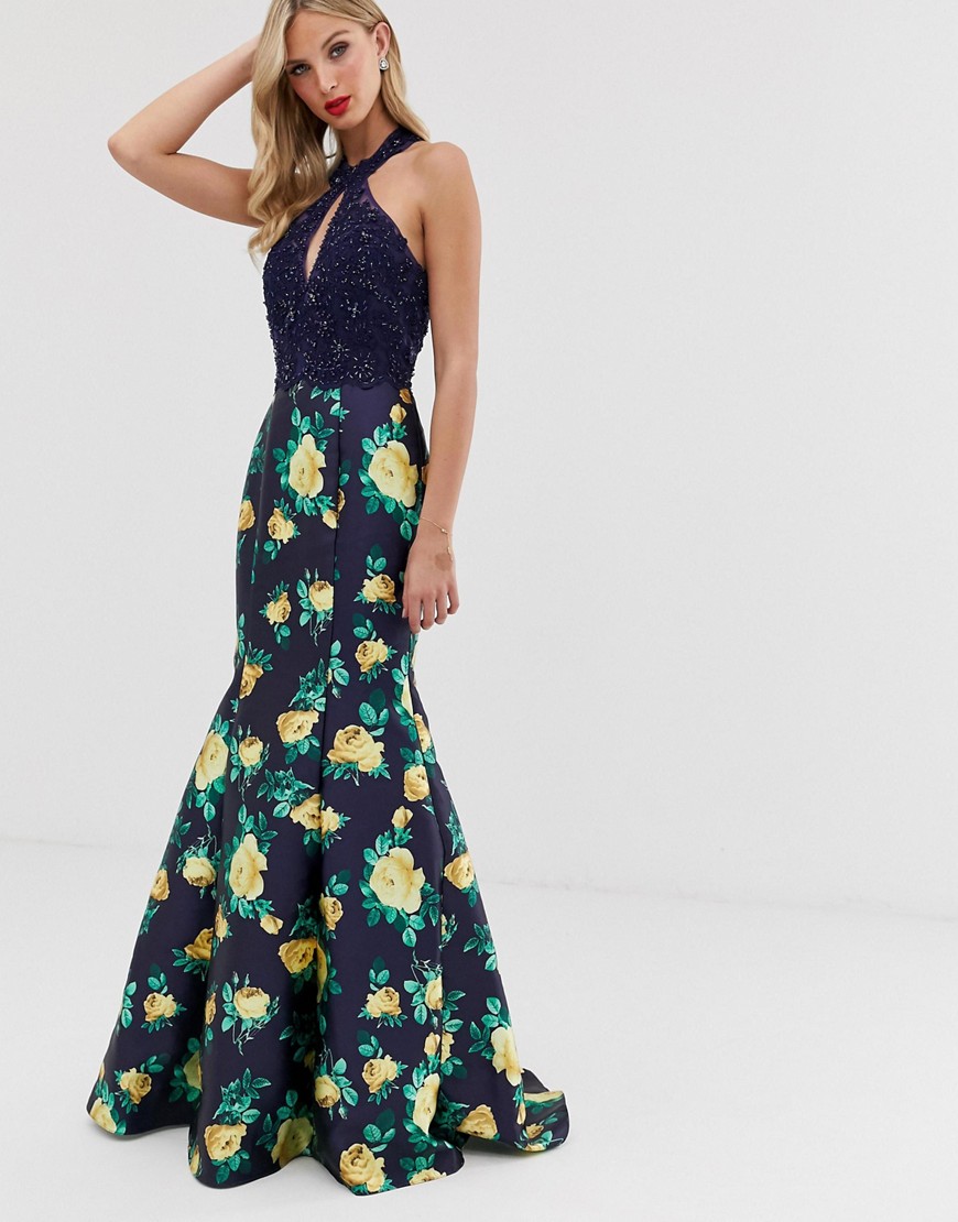 Jovani – Maxiklänning med halterneck och blommig kjol-Marinblå