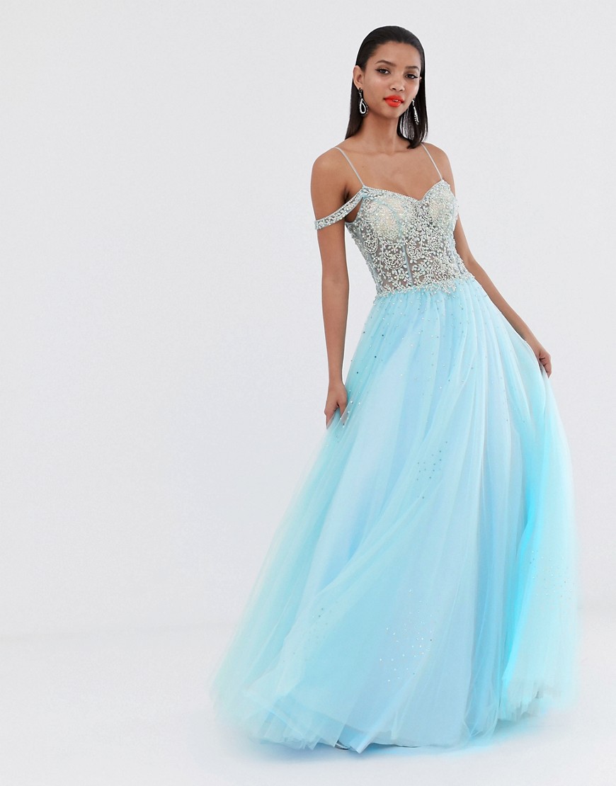 Jovani off shoulder princess maxi dress with sheer middle-Blue