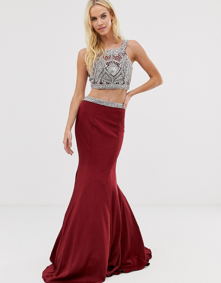 Jovani seperate maxi skirt with embellished top and waistline-Red