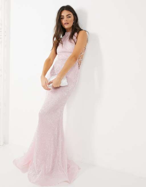 Jovani sequin high neck maxi dress in light pink