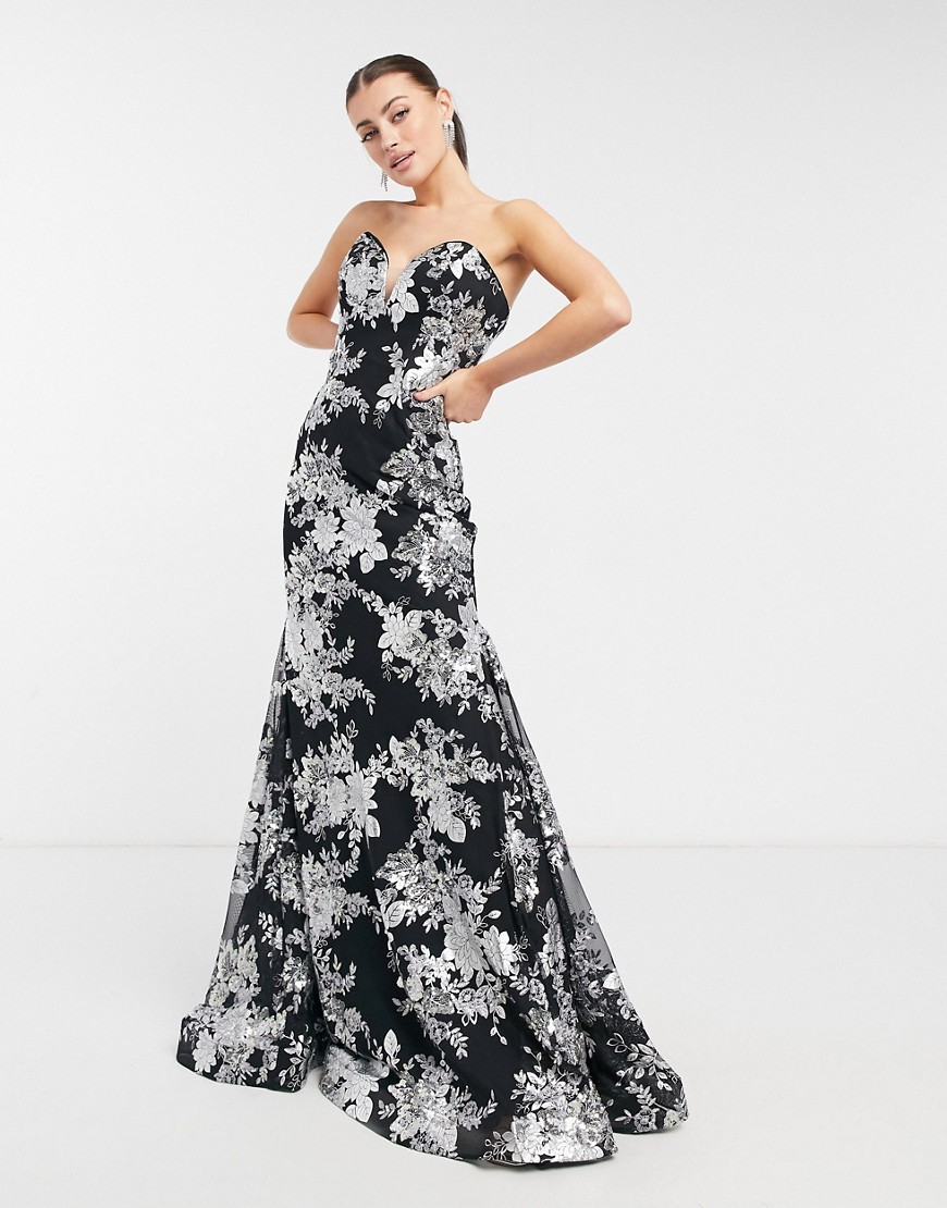 Jovani strapless fishtail maxi dress in black and white floral