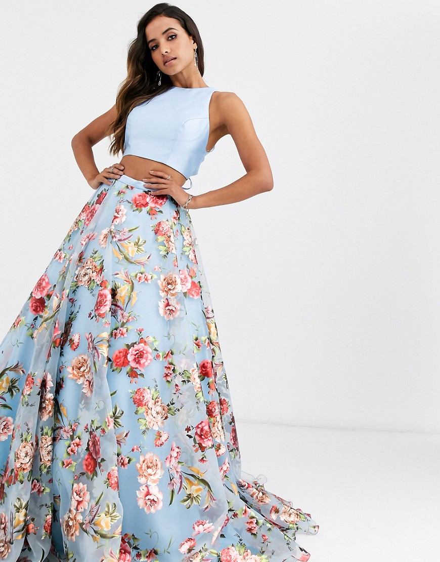 Jovani – Tvådelat set med blommig kjol-Blå