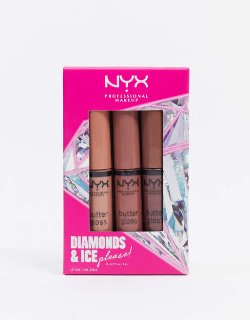 Juego de tres brillos de labiso Butter Gloss color Brown Nudes 02 Diamonds & Ice, Please de NYX Professional Makeup (Ahorra 9%)