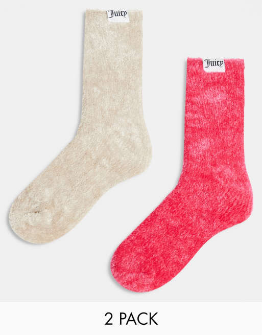 Juicy Couture – 2er-Pack bequeme, flauschige Socken in Pink und Creme