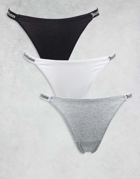 Juicy couture 3 pack logo waist band thong in white, grey & black