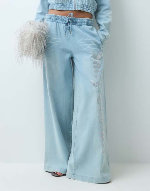 Juicy Couture Annen jogger coordonné smocké à logo strass délavé en bleu denim, 3 de 5