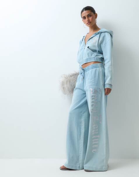 Juicy Couture Annen washed diamante logo smocked jogger-sæt i denimblå - view 1