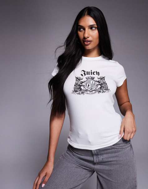 Juicy Couture – Biały krótki i dopasowany T-shirt z logo z herbem i psami - view 1
