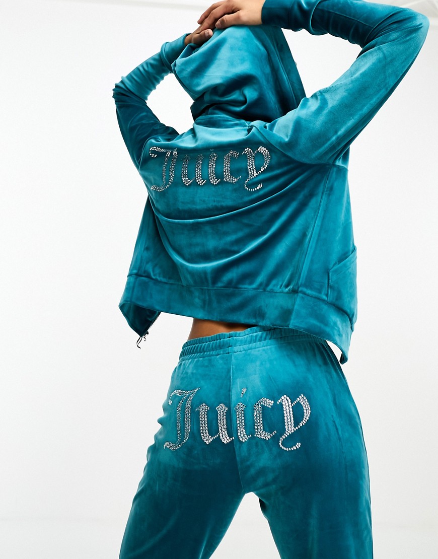 juicy couture - blå hættetrøje i velour med lynlås og logo i rhinsten - del af'sæt