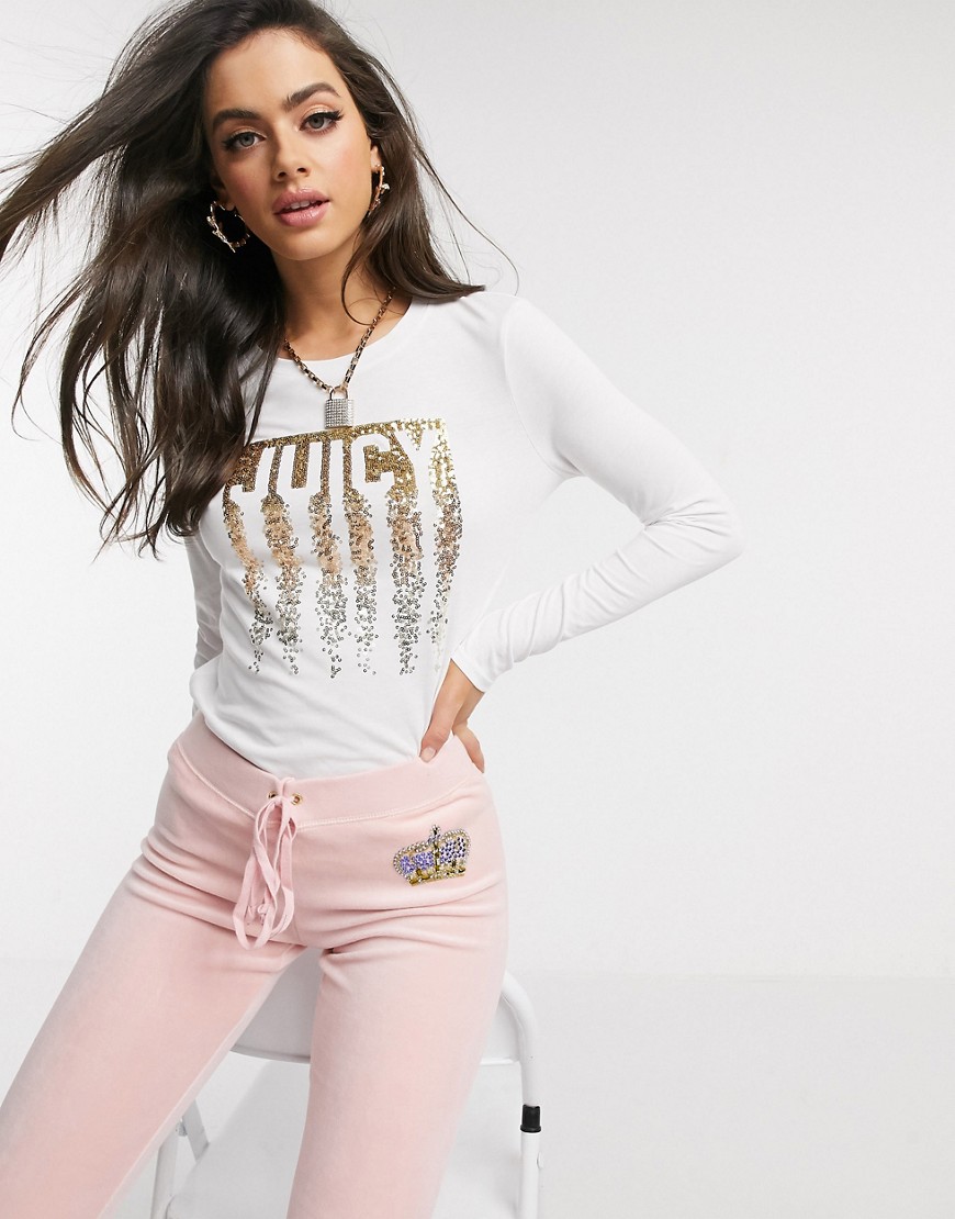 Juicy Couture Black Label Dripping Juicy Sequin Long Sleeve T-shirt in white