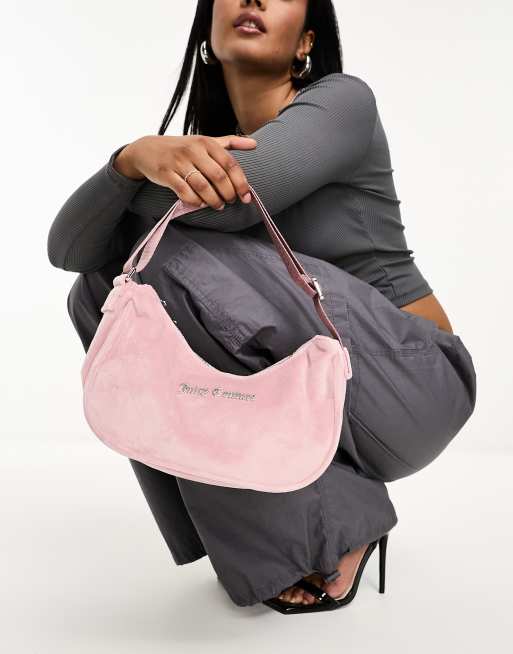 Juicy Couture - Borsa da spalla in velour rosa pallido con placchetta in metallo