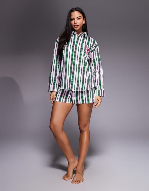 Juicy Couture - Camicia del pigiama a maniche lunghe a righe verdi e bianche con logo in coordinato, 3 di 4